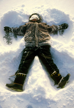 A snow angel in Power Ranger boots