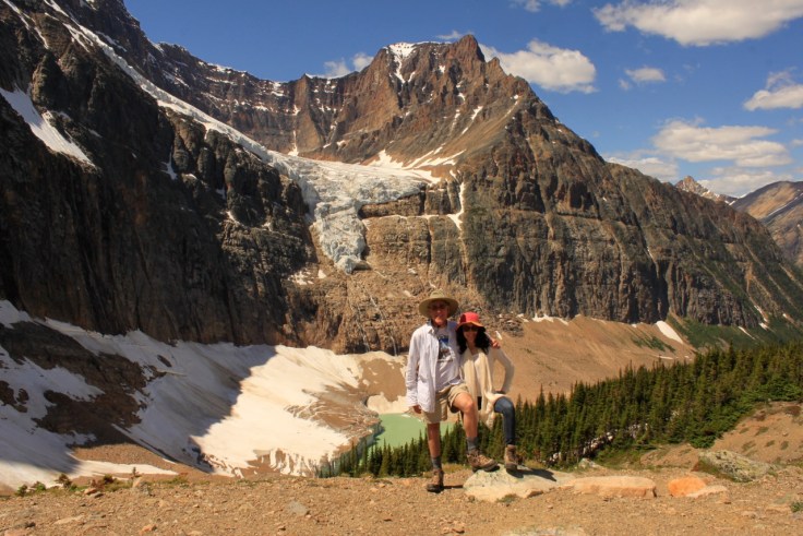 Here we stand before the angel Glacier on Mount Edith Cavell. the peak was named for the WWI heroine. http://en.wikipedia.org/wiki/Mount_Edith_Cavell