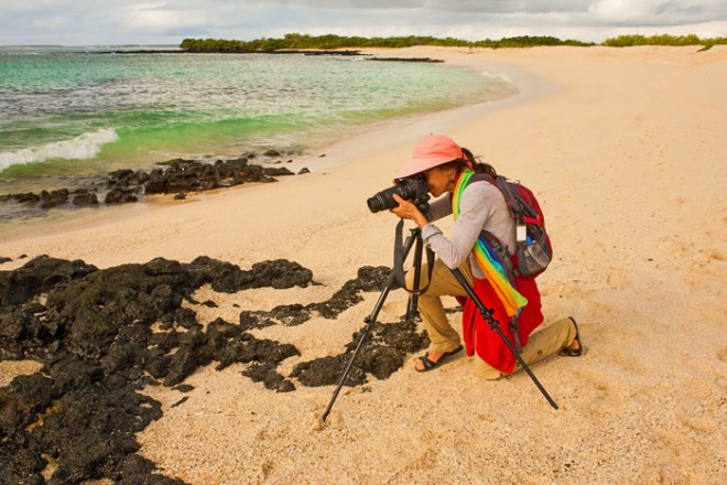 Author taking photos on Playa Las Bachas, Santa Cruz Island